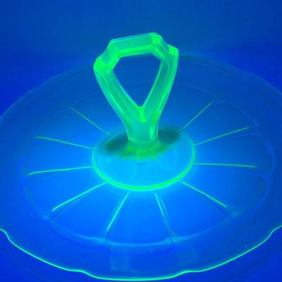 LOT 135: Vintage White Glass Chickadee Vase, Milk Glass Crem and Sugar Set, and Uranium Glass Serving Plate