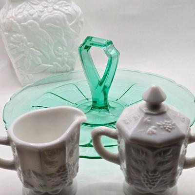 LOT 135: Vintage White Glass Chickadee Vase, Milk Glass Crem and Sugar Set, and Uranium Glass Serving Plate