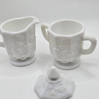 LOT 135: Vintage White Glass Chickadee Vase, Milk Glass Crem and Sugar Set, and Uranium Glass Serving Plate