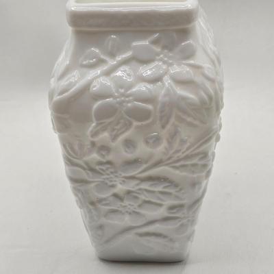 LOT 135: Vintage White Glass Chickadee Vase, Milk Glass Crem and Sugar Set, and Uranium Glass Serving Plate