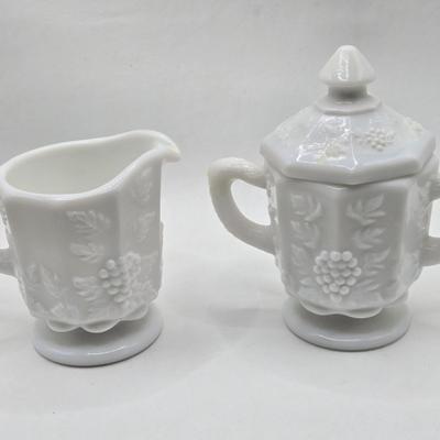 LOT 135: Vintage White Glass Chickadee Vase, Milk Glass Crem and Sugar Set, and Uranium Glass Serving Plate