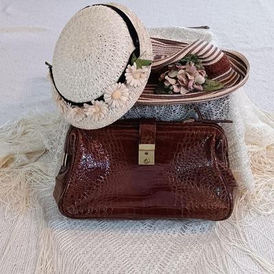 LOT 137: John Weitz Leather Handbag, Hoodlums Ltd Floral Hat, Knit Shawl & More