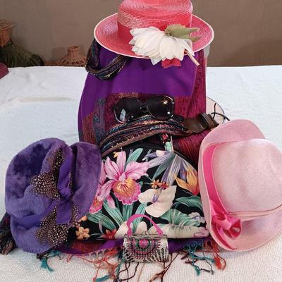 LOT 140: Junior Seasons Straw Hat, Swiss Purple Fur Pompadour Hat, Multi-Color Fabric and Leather Belt & More