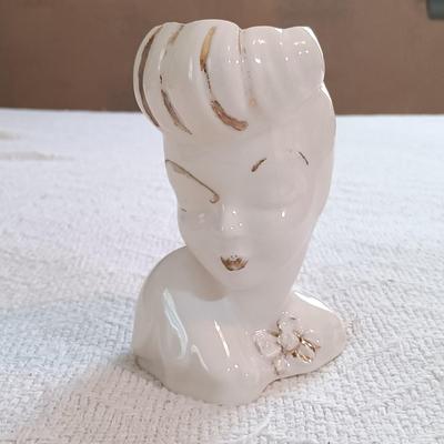 LOT 145: Vintage Tapestry Handbag, Glamour Girl Head Vase, Handpainted Silk Fan & More