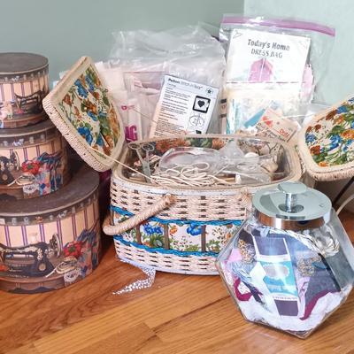 LOT 154: Sewing Basket, Sewing Notions & More