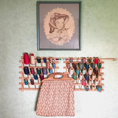 LOT 155: Wooden Thread Rack, All-Purpose Bag w/Wooden Handle & Vintage Signed Terone Print of Southern Bell