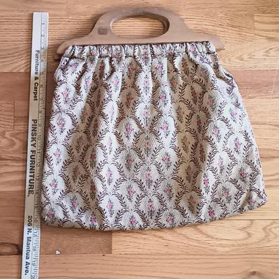 LOT 155: Wooden Thread Rack, All-Purpose Bag w/Wooden Handle & Vintage Signed Terone Print of Southern Bell