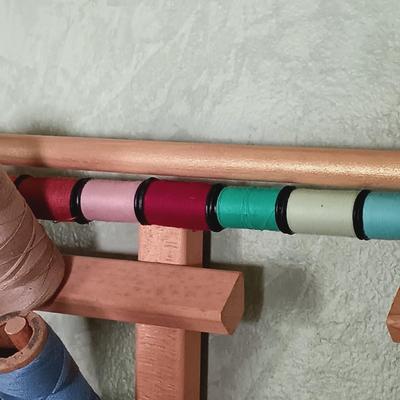 LOT 155: Wooden Thread Rack, All-Purpose Bag w/Wooden Handle & Vintage Signed Terone Print of Southern Bell