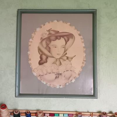 LOT 155: Wooden Thread Rack, All-Purpose Bag w/Wooden Handle & Vintage Signed Terone Print of Southern Bell