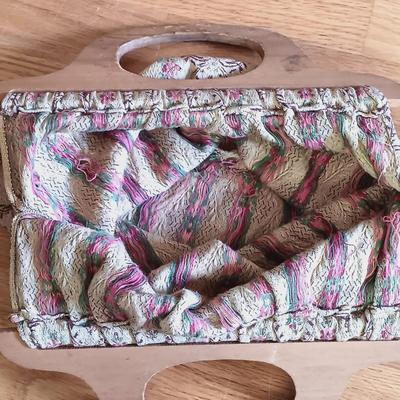 LOT 155: Wooden Thread Rack, All-Purpose Bag w/Wooden Handle & Vintage Signed Terone Print of Southern Bell