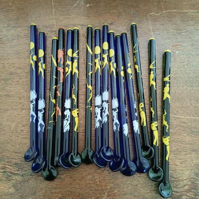 LOT 158: Unique Glass Colbalt Blue Beverage Stirrers Flatware, Vintage Souvenir Spoons, Vintage Folk Art Uncle Sam Tin Metal Shelf Sitter...