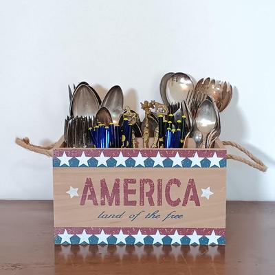 LOT 158: Unique Glass Colbalt Blue Beverage Stirrers Flatware, Vintage Souvenir Spoons, Vintage Folk Art Uncle Sam Tin Metal Shelf Sitter...