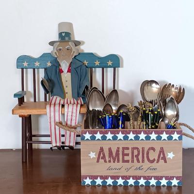 LOT 158: Unique Glass Colbalt Blue Beverage Stirrers Flatware, Vintage Souvenir Spoons, Vintage Folk Art Uncle Sam Tin Metal Shelf Sitter...