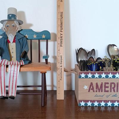 LOT 158: Unique Glass Colbalt Blue Beverage Stirrers Flatware, Vintage Souvenir Spoons, Vintage Folk Art Uncle Sam Tin Metal Shelf Sitter...