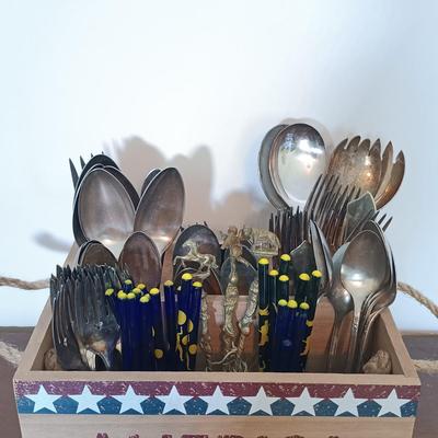 LOT 158: Unique Glass Colbalt Blue Beverage Stirrers Flatware, Vintage Souvenir Spoons, Vintage Folk Art Uncle Sam Tin Metal Shelf Sitter...