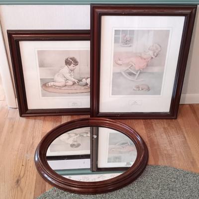 LOT 160: Bessie Pease Gutmann Prints: Kitty's Breakfast & The Lullaby along with an Oval Wooden Framed Mirror