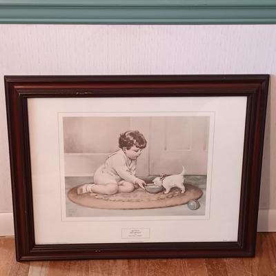 LOT 160: Bessie Pease Gutmann Prints: Kitty's Breakfast & The Lullaby along with an Oval Wooden Framed Mirror