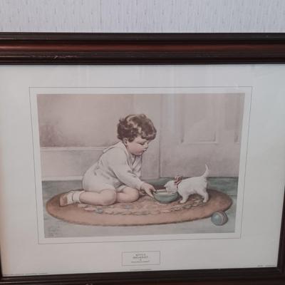 LOT 160: Bessie Pease Gutmann Prints: Kitty's Breakfast & The Lullaby along with an Oval Wooden Framed Mirror
