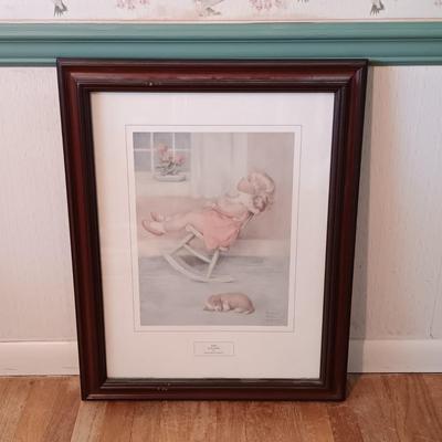 LOT 160: Bessie Pease Gutmann Prints: Kitty's Breakfast & The Lullaby along with an Oval Wooden Framed Mirror