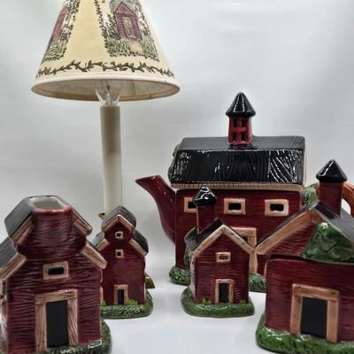 LOT 190: Sakura China Red Barn Teapot, Cream & Sugar Set, and Salt & Pepper Set, and Small Lamp Shade