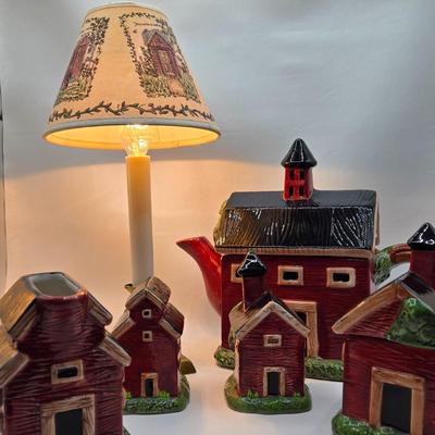 LOT 190: Sakura China Red Barn Teapot, Cream & Sugar Set, and Salt & Pepper Set, and Small Lamp Shade