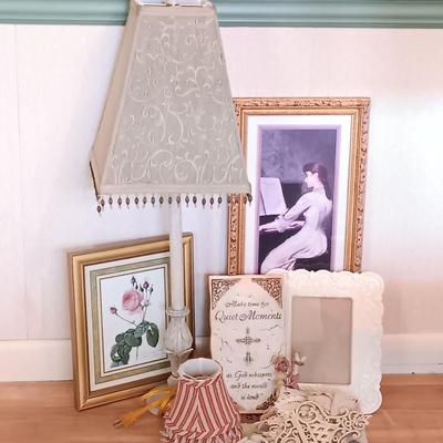 LOT 217: Shabby Chic Home Decor: Lamp, Pictures Frames, Crocheted Doilies & More