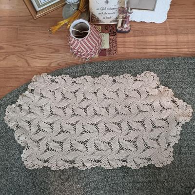 LOT 217: Shabby Chic Home Decor: Lamp, Pictures Frames, Crocheted Doilies & More