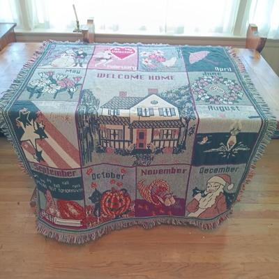 LOT 220: Harvest Time Collection: "Calendar" Throw Blanket, Leaf Platter Home Interior Pilgrim Figurine, Lazy Susans & More