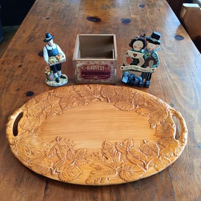 LOT 220: Harvest Time Collection: "Calendar" Throw Blanket, Leaf Platter Home Interior Pilgrim Figurine, Lazy Susans & More