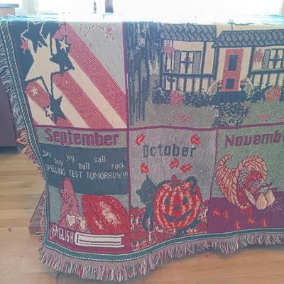 LOT 220: Harvest Time Collection: "Calendar" Throw Blanket, Leaf Platter Home Interior Pilgrim Figurine, Lazy Susans & More