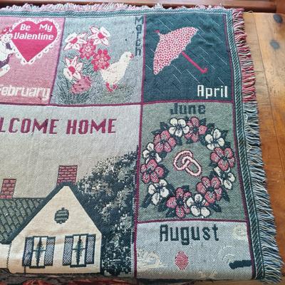 LOT 220: Harvest Time Collection: "Calendar" Throw Blanket, Leaf Platter Home Interior Pilgrim Figurine, Lazy Susans & More