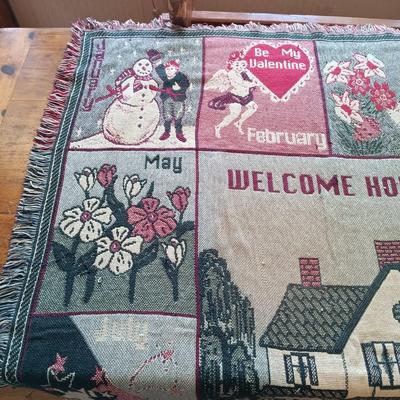 LOT 220: Harvest Time Collection: "Calendar" Throw Blanket, Leaf Platter Home Interior Pilgrim Figurine, Lazy Susans & More