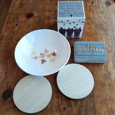 LOT 220: Harvest Time Collection: "Calendar" Throw Blanket, Leaf Platter Home Interior Pilgrim Figurine, Lazy Susans & More