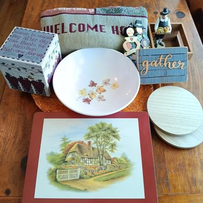 LOT 220: Harvest Time Collection: "Calendar" Throw Blanket, Leaf Platter Home Interior Pilgrim Figurine, Lazy Susans & More