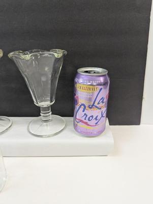 Vintage Ice Cream Sundae Serving Bowls - Green Tint - Clear Glass Shot Glasses & Small Pitcher