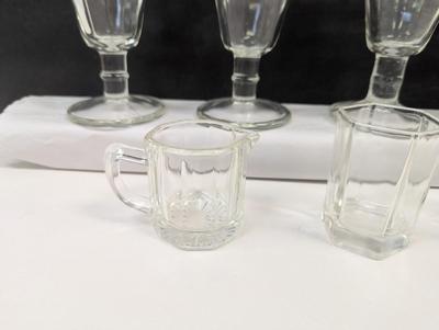 Vintage Ice Cream Sundae Serving Bowls - Green Tint - Clear Glass Shot Glasses & Small Pitcher