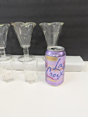 Vintage Ice Cream Sundae Serving Bowls - Green Tint - Clear Glass Shot Glasses & Small Pitcher