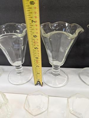 Vintage Ice Cream Sundae Serving Bowls - Green Tint - Clear Glass Shot Glasses & Small Pitcher