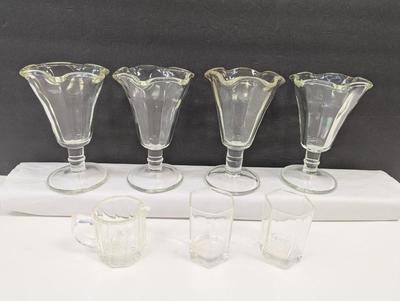 Vintage Ice Cream Sundae Serving Bowls - Green Tint - Clear Glass Shot Glasses & Small Pitcher