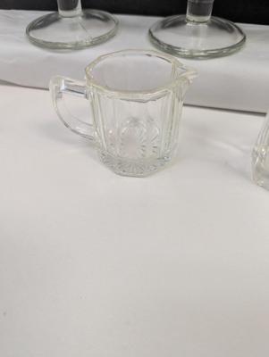 Vintage Ice Cream Sundae Serving Bowls - Green Tint - Clear Glass Shot Glasses & Small Pitcher