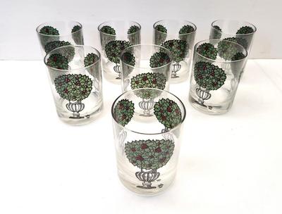 Lot #92 MCM Barware - lot of 8 Vintage Interline Holly Berry Topiary HiBall glasses - Hard to find