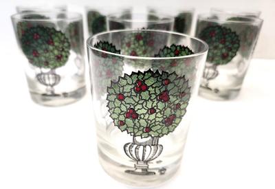 Lot #92 MCM Barware - lot of 8 Vintage Interline Holly Berry Topiary HiBall glasses - Hard to find