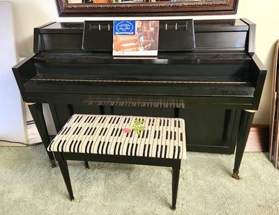 Lot #93 Vintage MCM Strong & Clark Style #57 Malabar Console Piano w/Needlepoint Stool