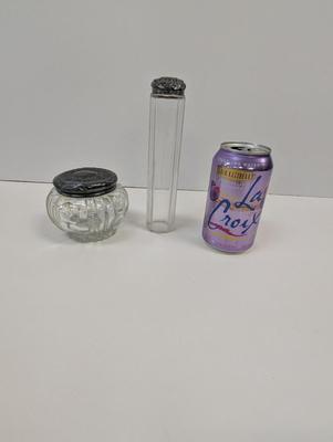 Art Nouveau Crystal Lidded Dresser Jar & Tall Vanity Dresser Bottle With Deco Lid