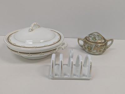 Antique Johnson Bros Covered Handled Vegetable Dish Porcelain Bavarian Toast Rack Made In Japan Sugar Bowl
