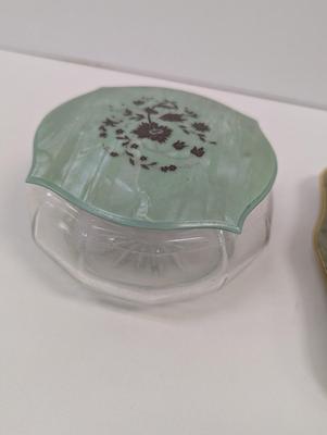 Vintage Jade Green Amber Celluloid Vanity Tray & Art Deco Powder Jar