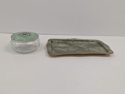Vintage Jade Green Amber Celluloid Vanity Tray & Art Deco Powder Jar