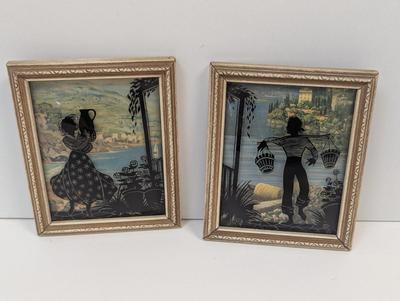 2 Vintage Convex Bubble Glass Reverse Painted Silhouette