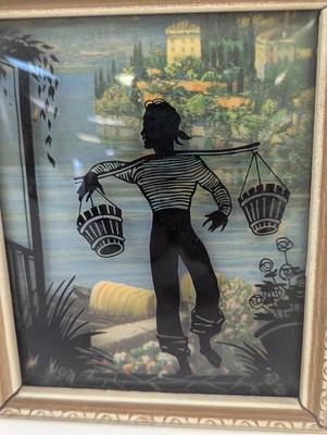2 Vintage Convex Bubble Glass Reverse Painted Silhouette
