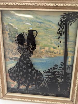 2 Vintage Convex Bubble Glass Reverse Painted Silhouette